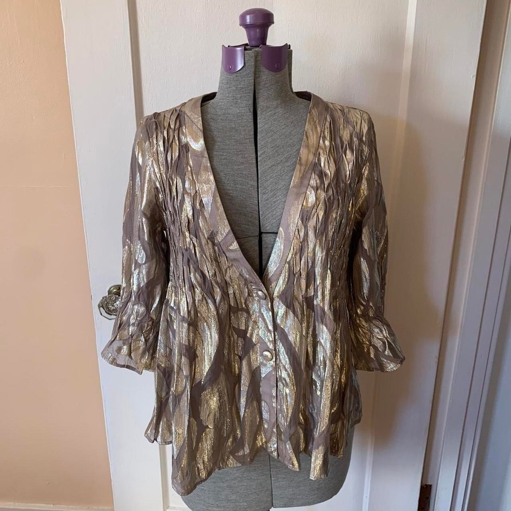 By Francine Gold Metallic Silk Blend Smocked Blouse Medium V-Neck Ruffle Sleeve